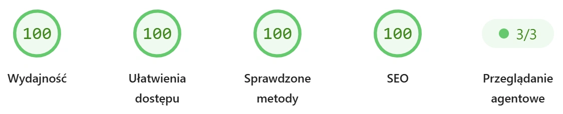 Wyniki testu wydajności bloga po migracji z Next.js do Astro w Google PageSpeed Insights. Wydajność 100/100, dostępność 100/100, najlepsze praktyki 100/100, SEO 100/100.